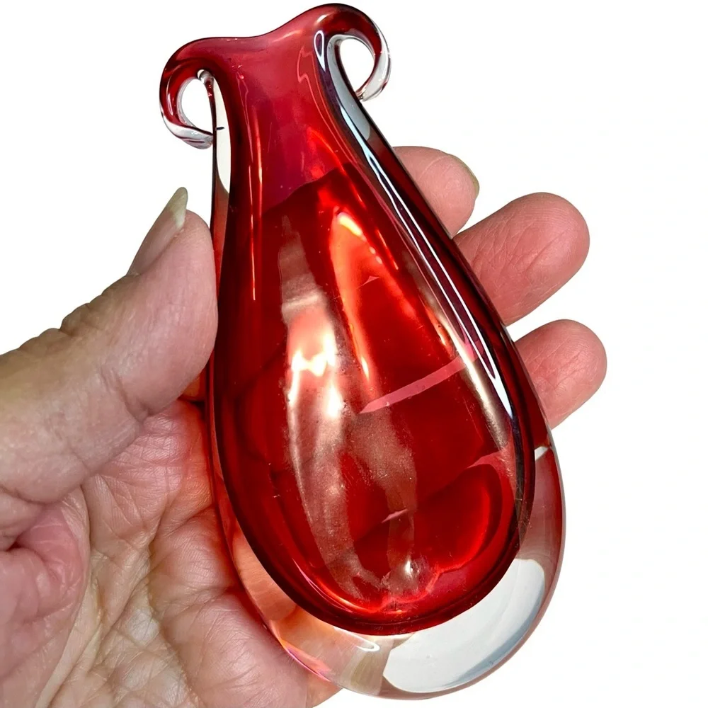 Janet Zug Ruby Red Amphora 4” Handblown signed 90’s Hanging Glass Vase